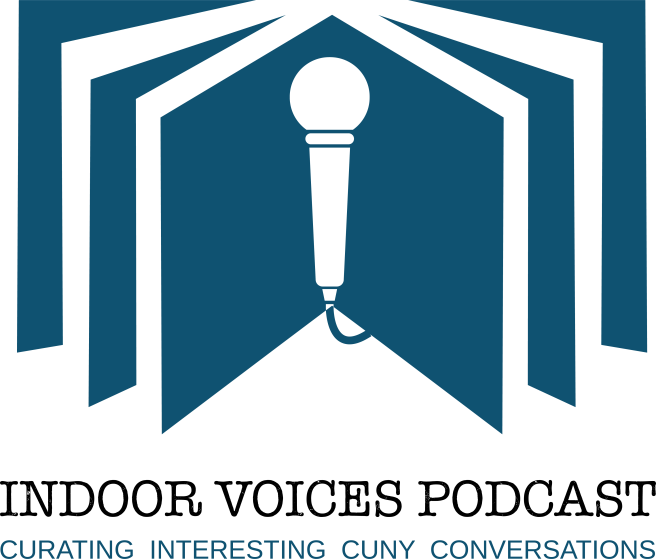 Open book with the text, Indoor Voices Podcast: curating interesting CUNY conversations